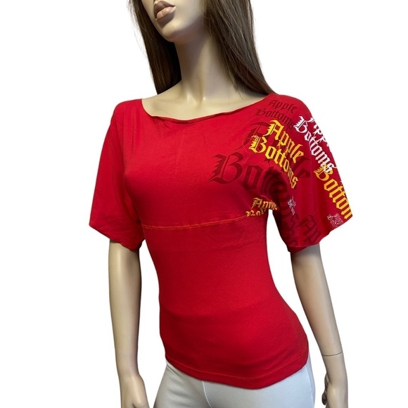 Apple Bottoms by Nelly Top Graphic Print Branded Tee Y2K Ribbed Bodice Made USA - Picture 4 of 13
